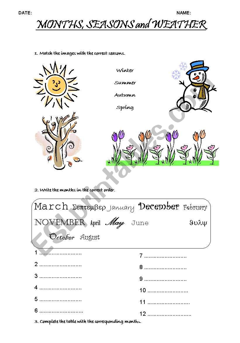 months, seasons and weather worksheet