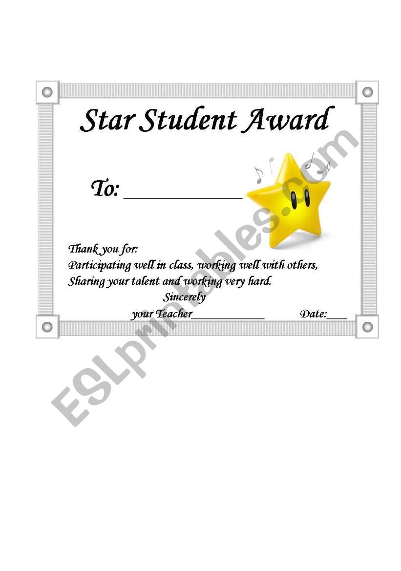 STAR STUDENT AWARD worksheet