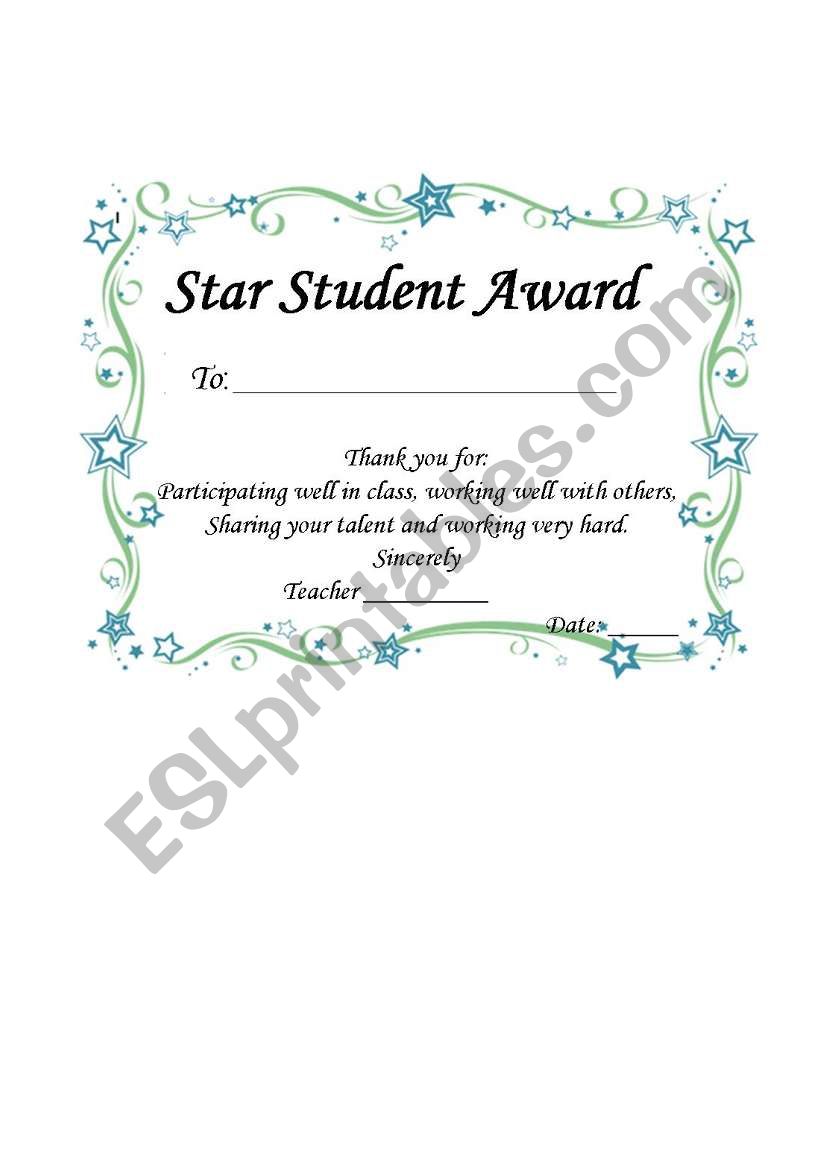 STAR STUDENT AWARD 2 worksheet