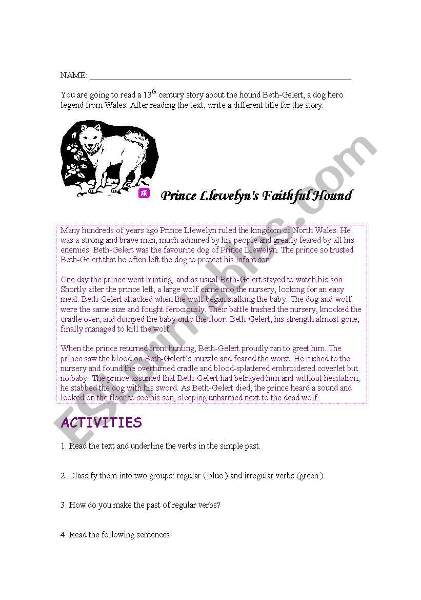 Gelert ( a Welsh tale ) worksheet