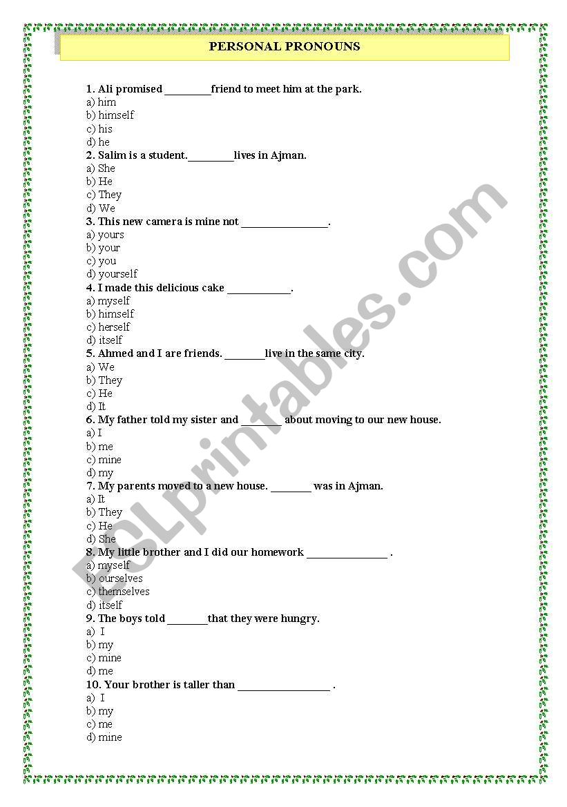 personal pronouns quiz worksheet