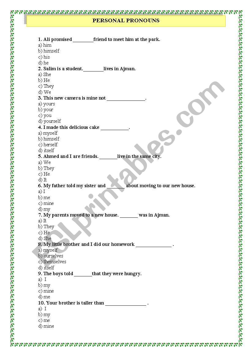 personal pronouns quiz worksheet