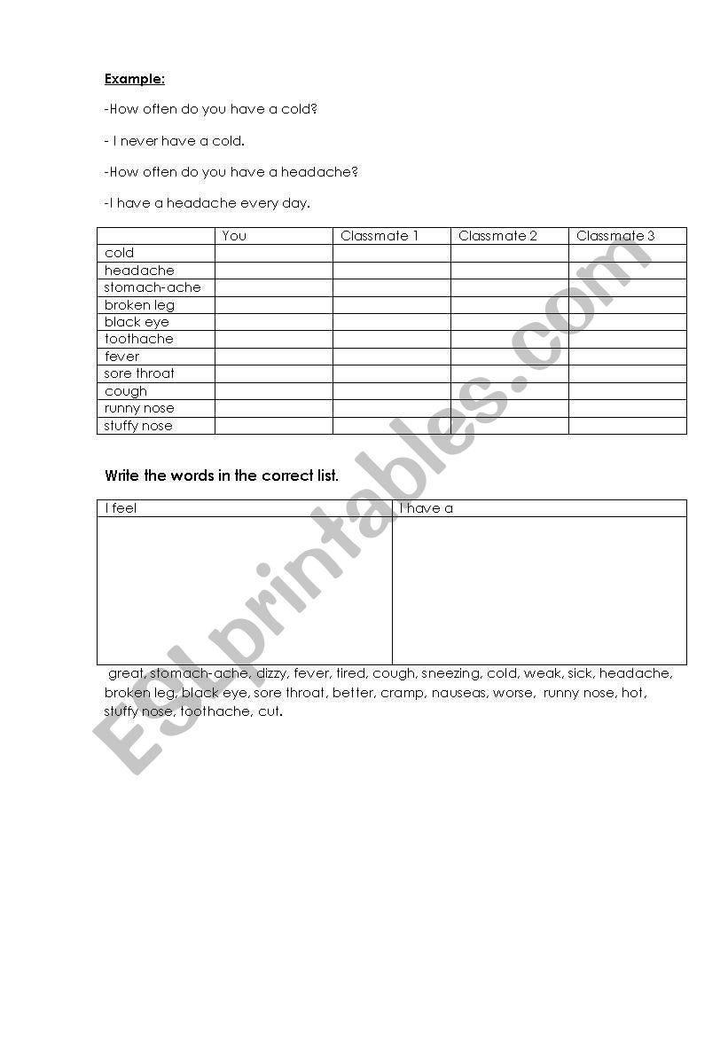 Health worksheet