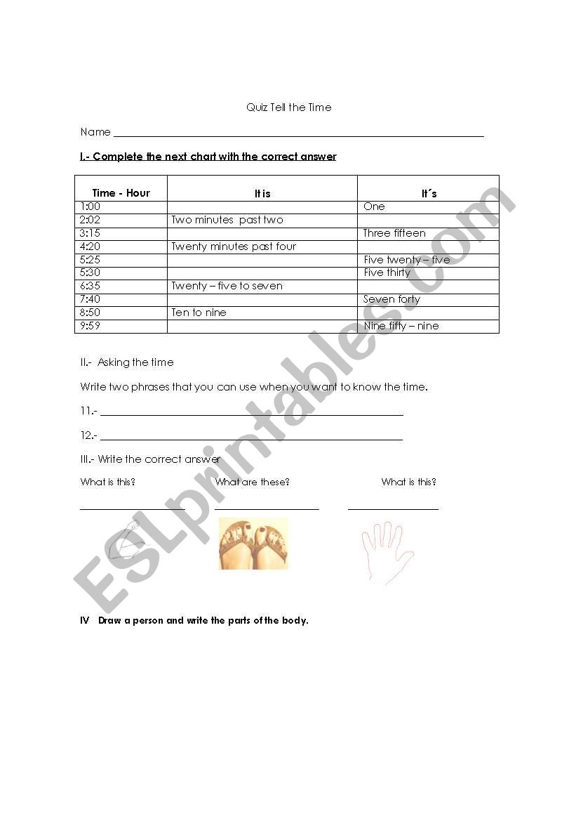Quiz tell the time worksheet