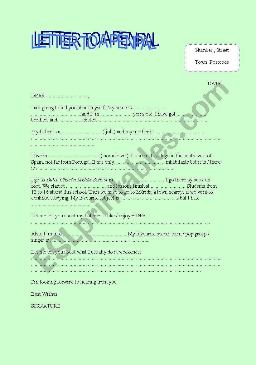 Letter to a penpal worksheet