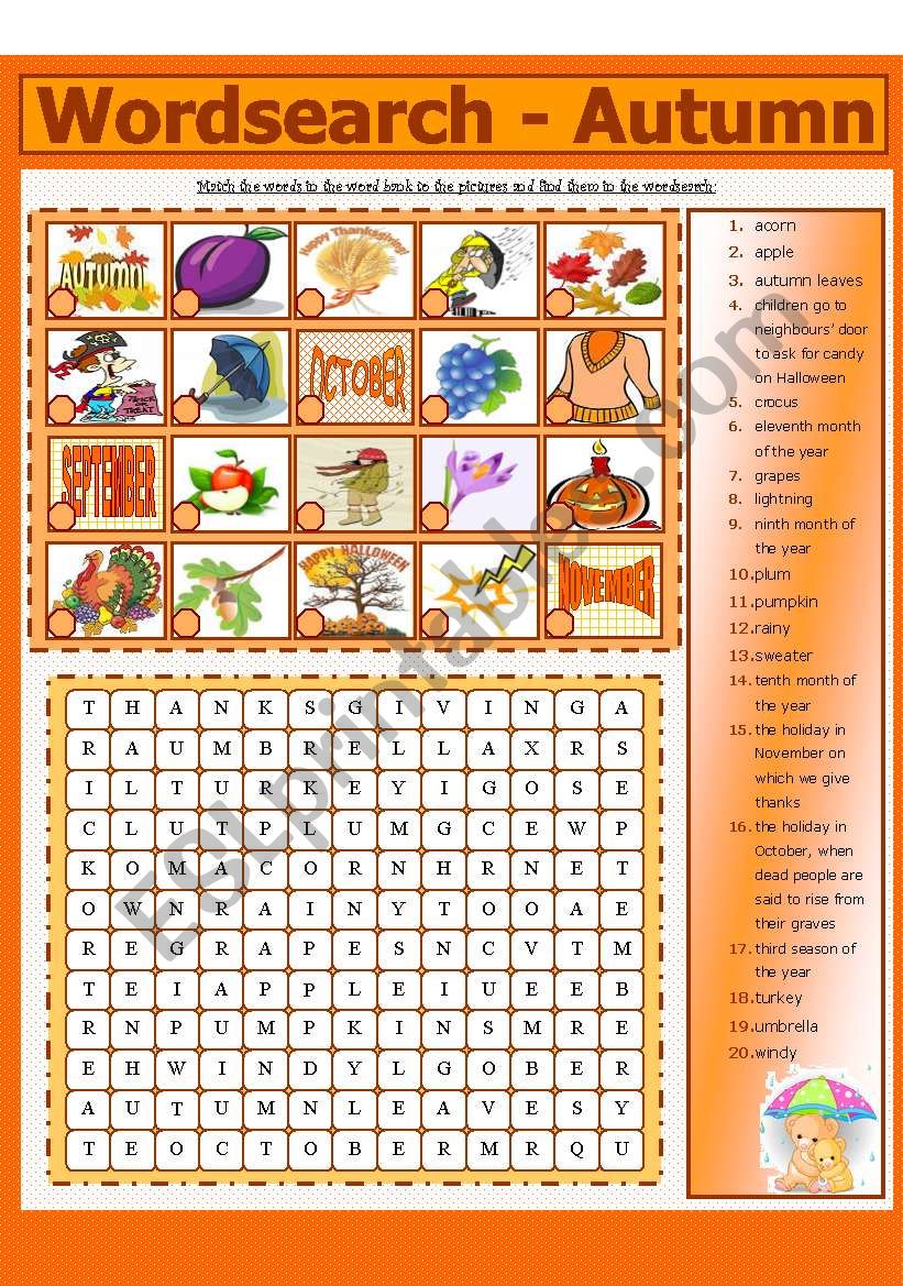 WORDSEARCH - AUTUMN (6 - 8) worksheet