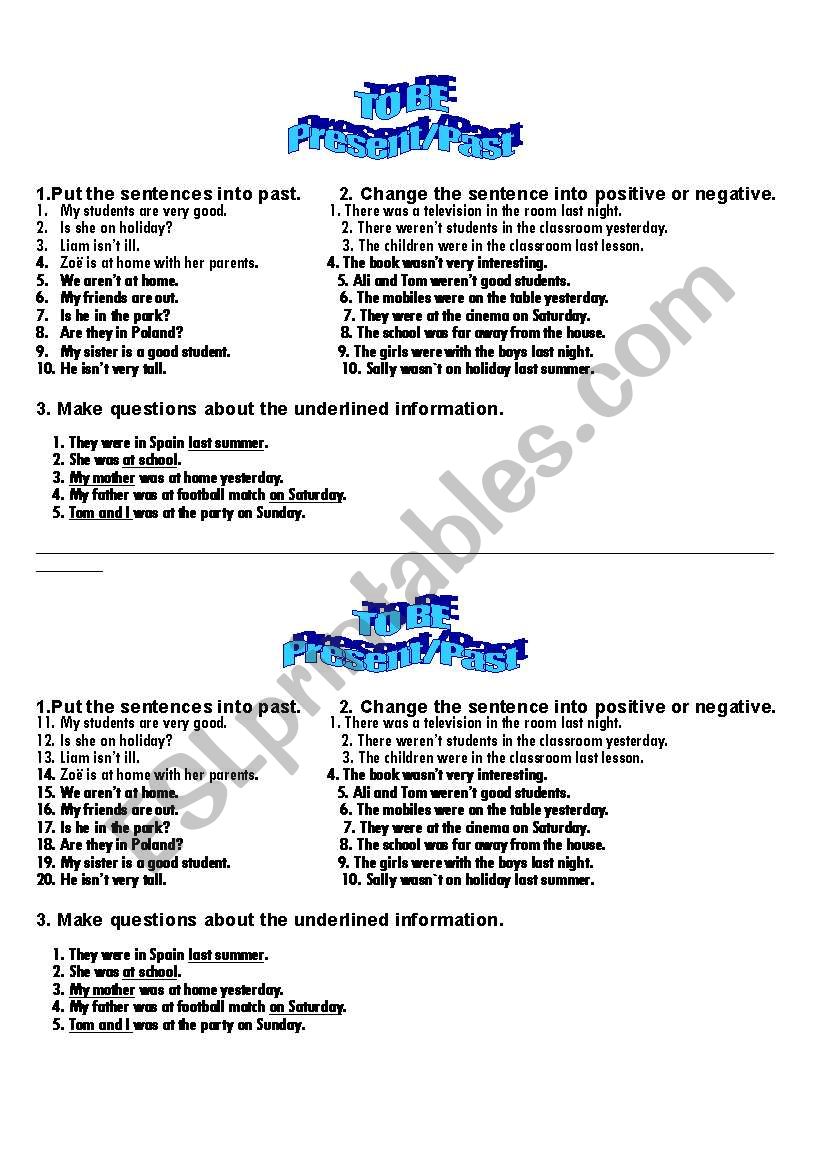 to be PRESENT/PAST worksheet