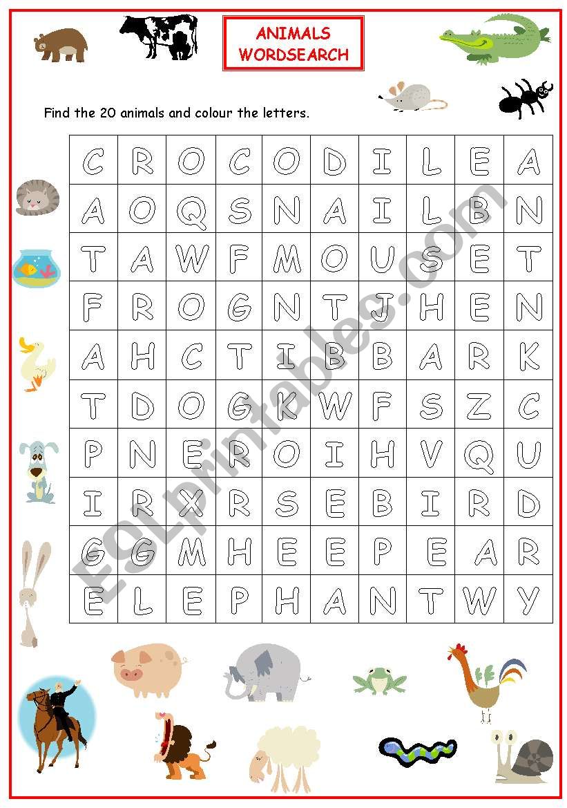 Animal wordsearch worksheet