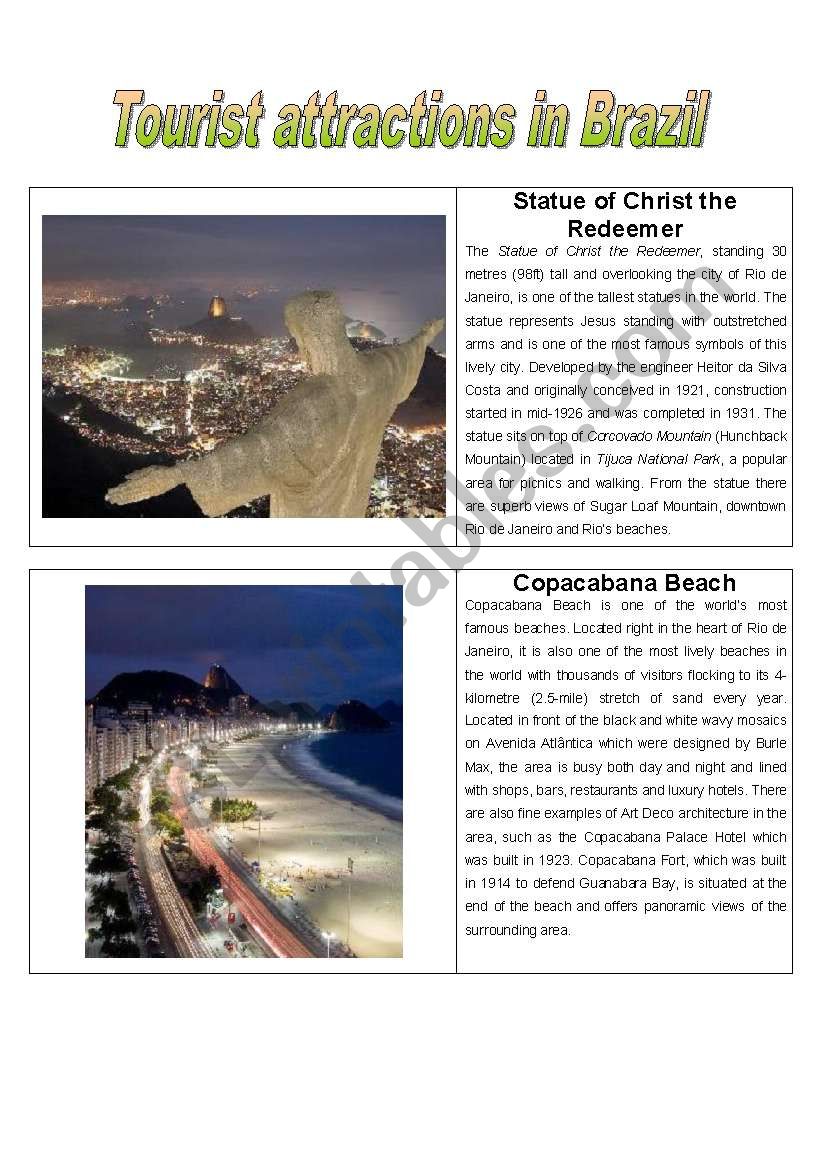 Tourist attractions in Brazil worksheet