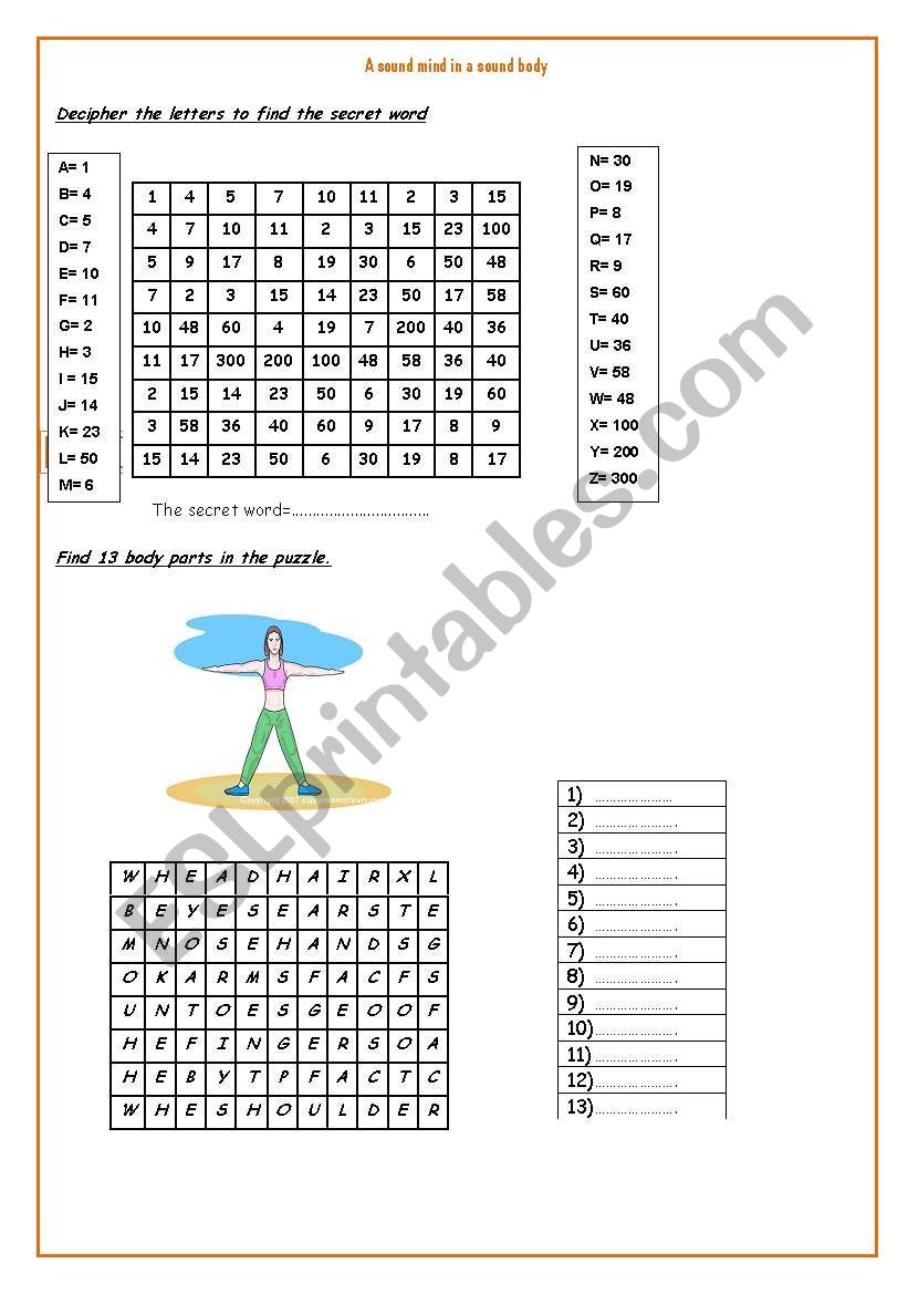 A sound mind in a sound body worksheet