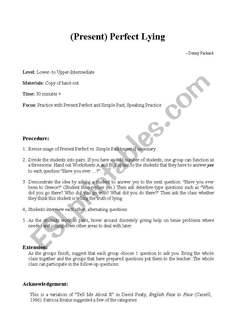 Present Perfect Lying worksheet