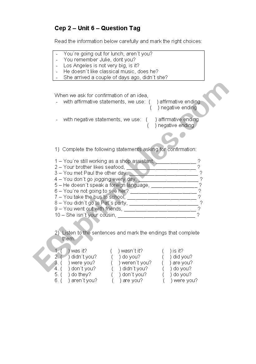 question tag worksheet