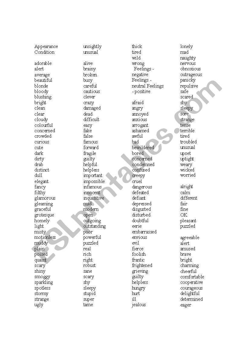 ADJETIVES LIST worksheet