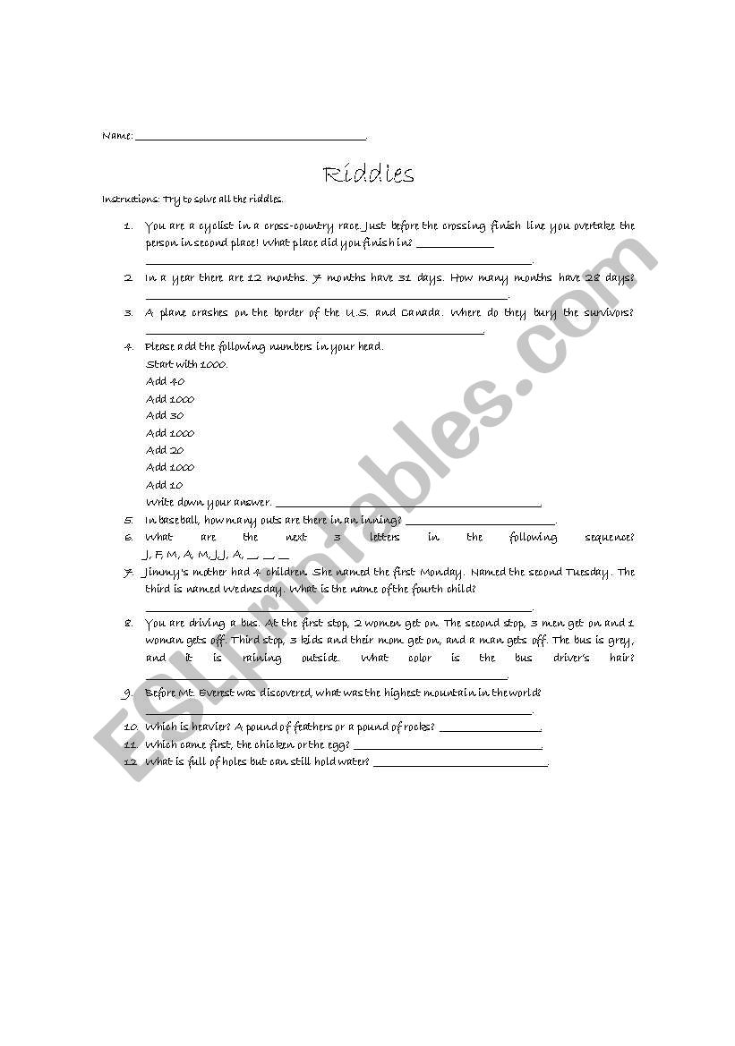 RiDdLeS worksheet