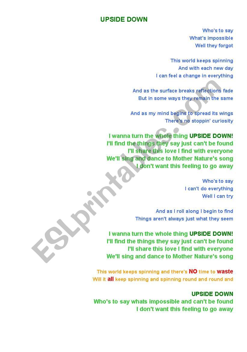 Upside Down by Jack Johnson worksheet