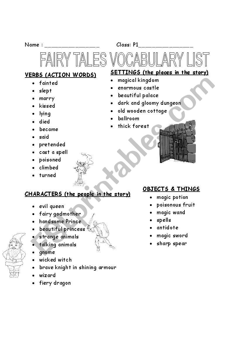 Fairy Tales Vocabulary List  worksheet