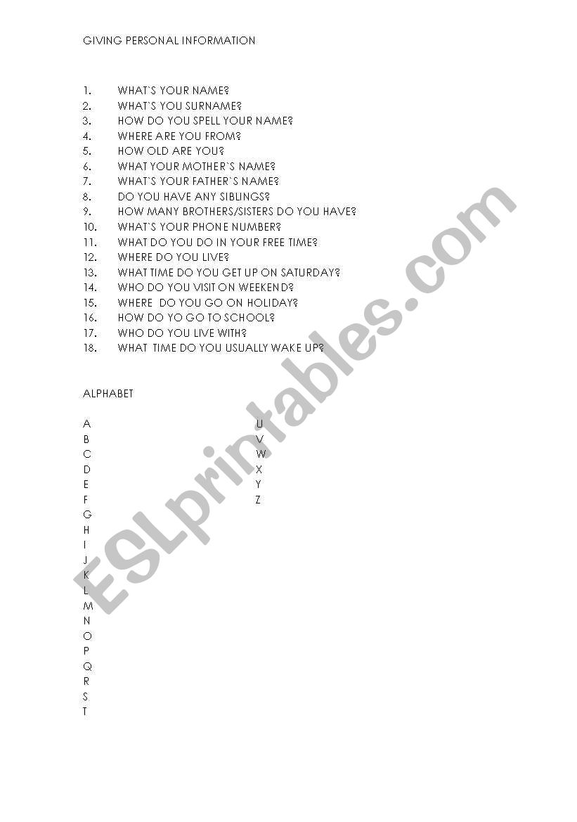 giving personal information worksheet