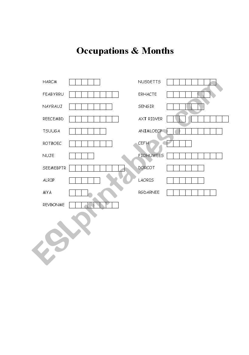 occupations and months worksheet