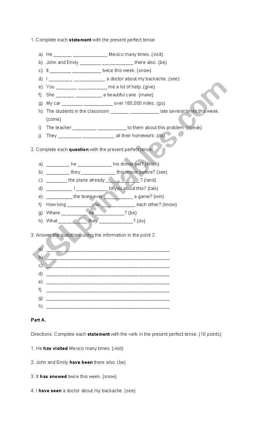 present perfect tense worksheet