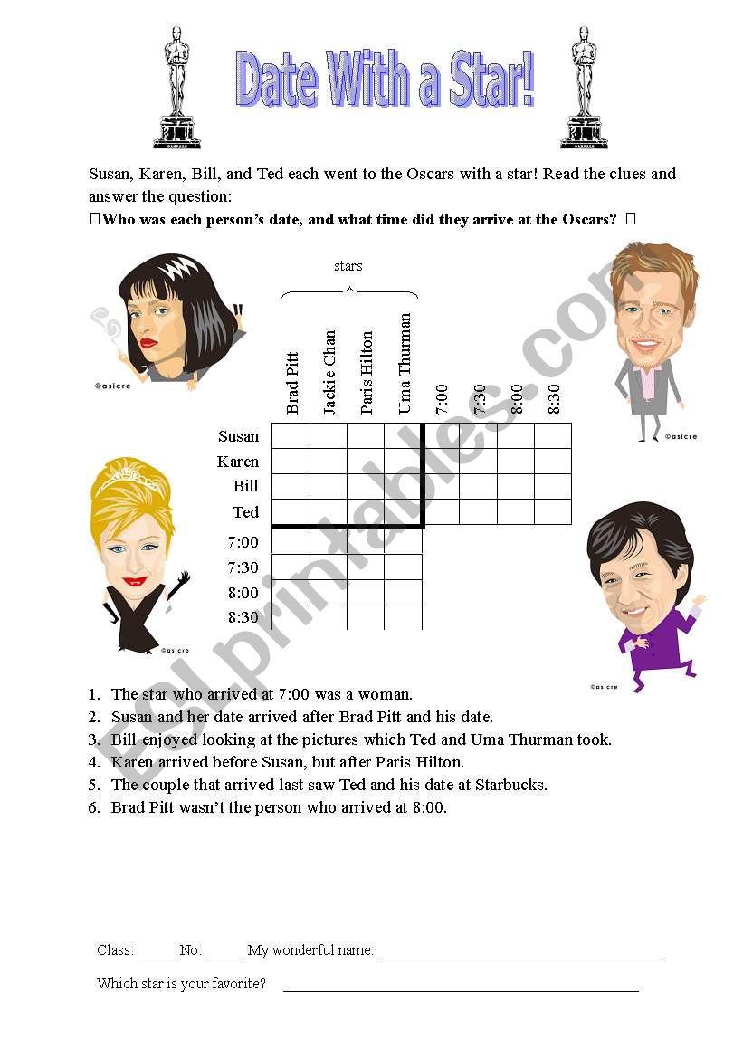 Date With a Star Logic Puzzle worksheet