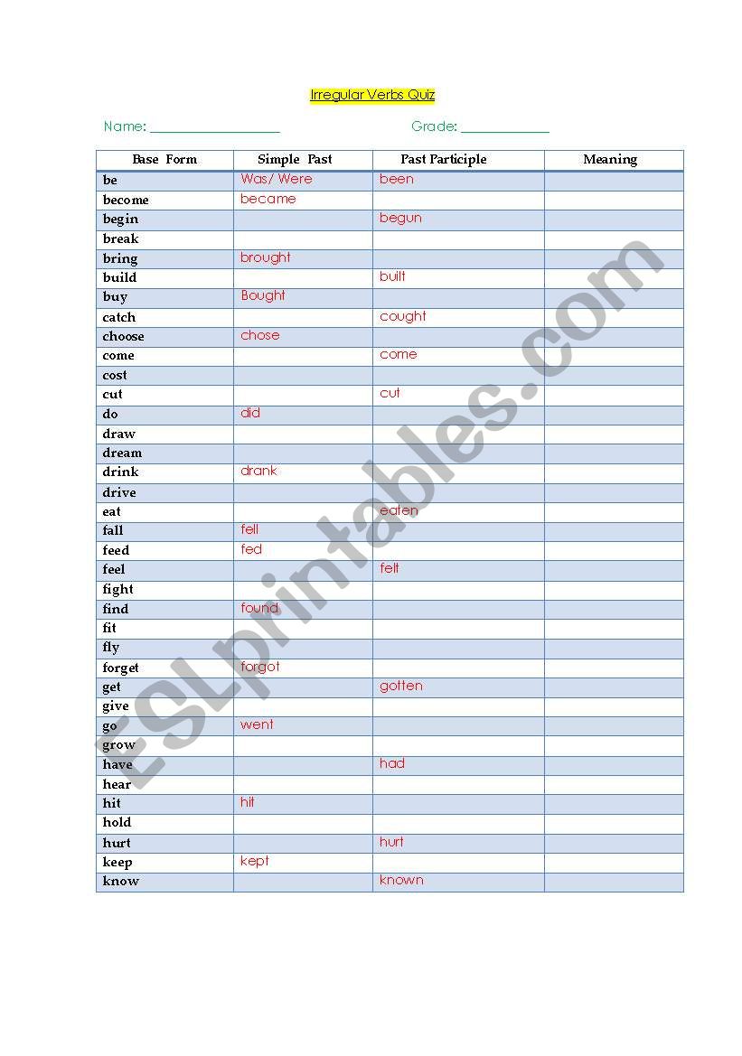 Irregular Verbs Quiz worksheet