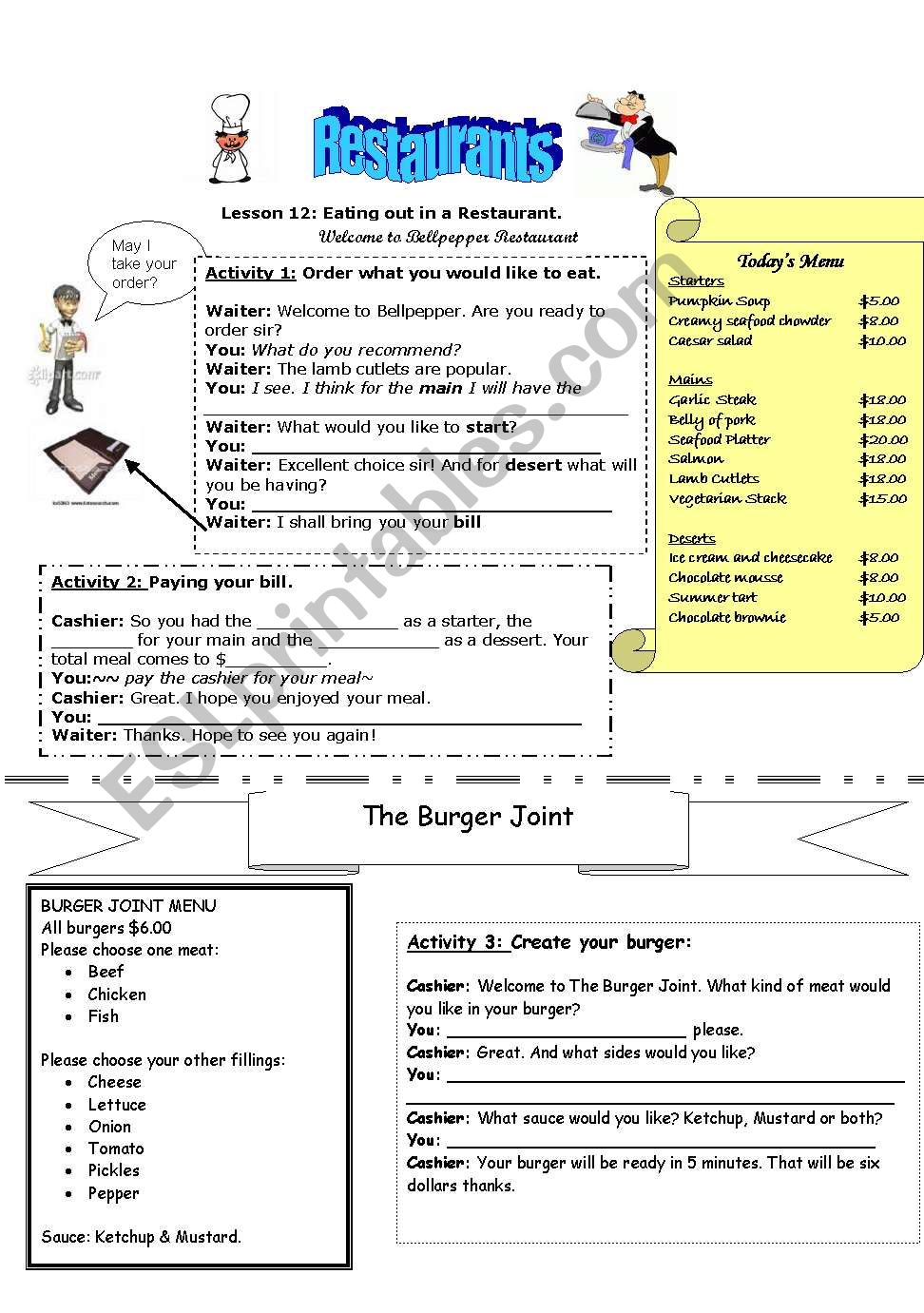 Restaurant worksheet