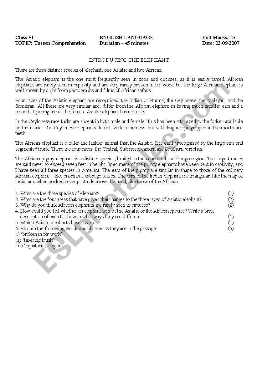 Comprehension worksheet