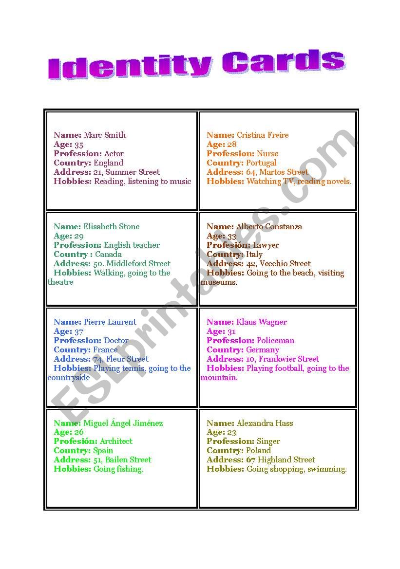 IDENTITY CARDS worksheet