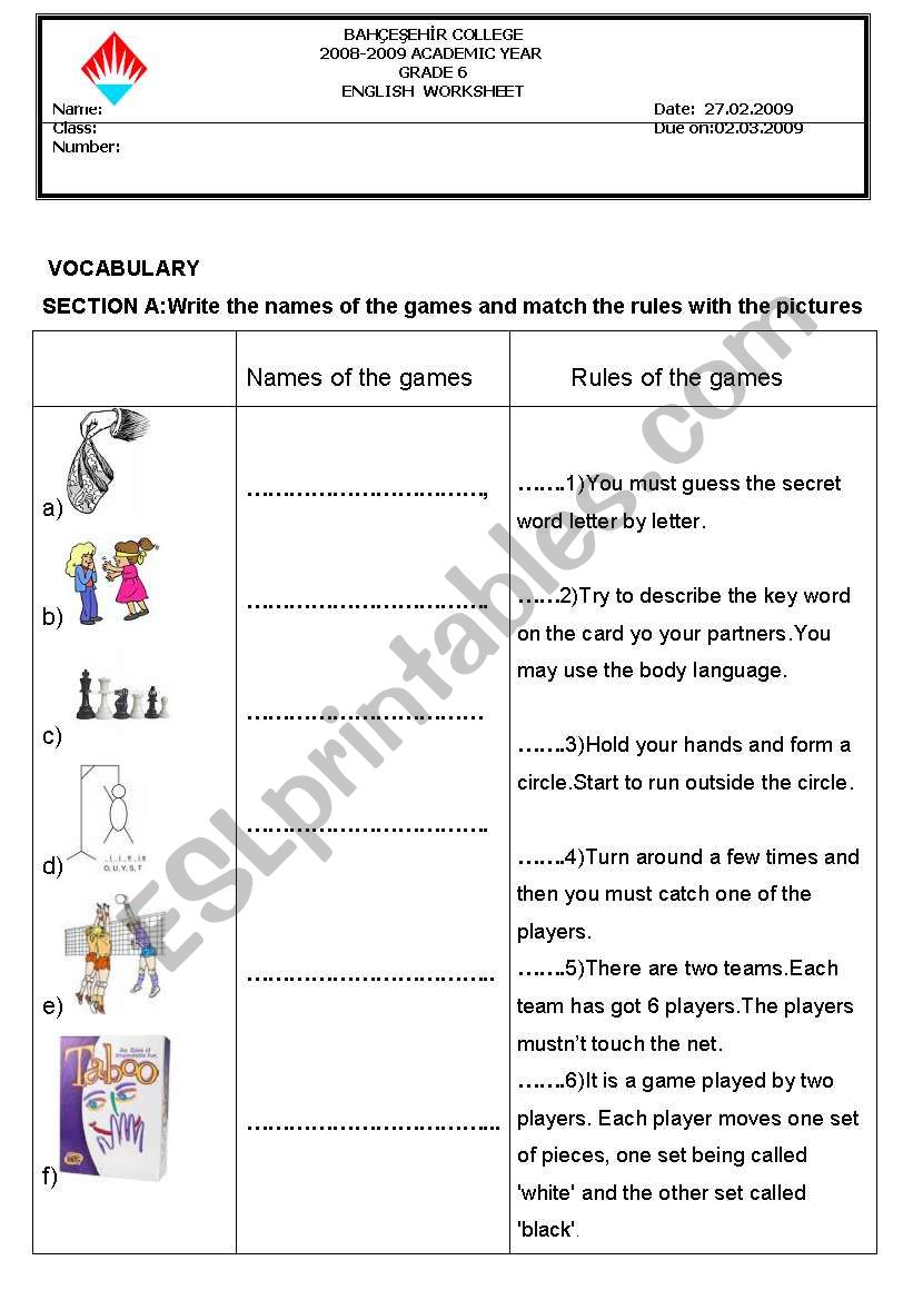 Games and Can worksheet