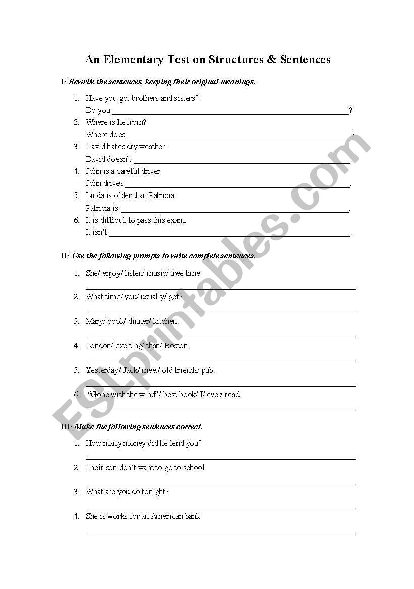 Structures & Sentences worksheet