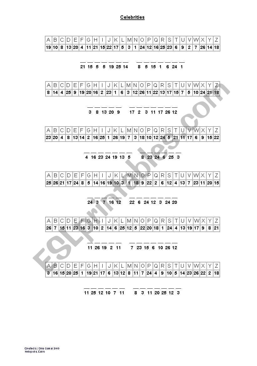 Celebreties Cryptogram worksheet