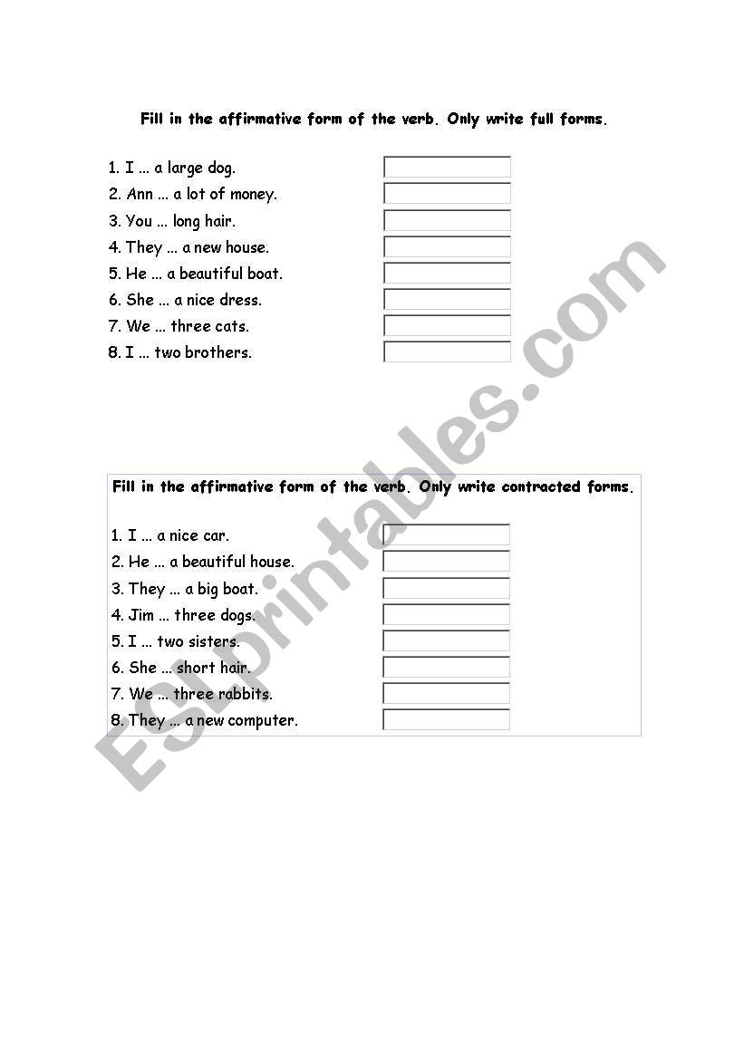 HAVE OR HAS AFFIRMATIVE worksheet