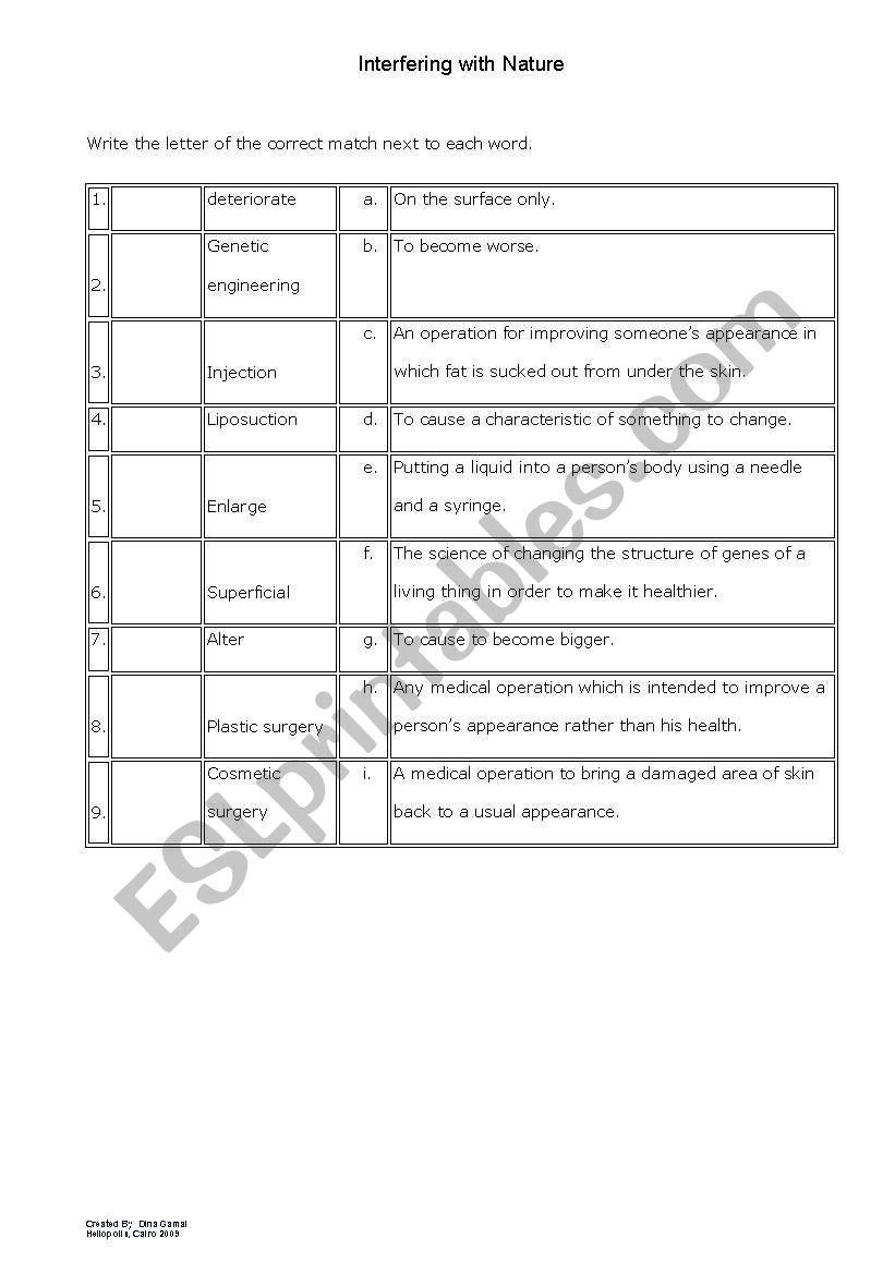 Interfering with nature worksheet