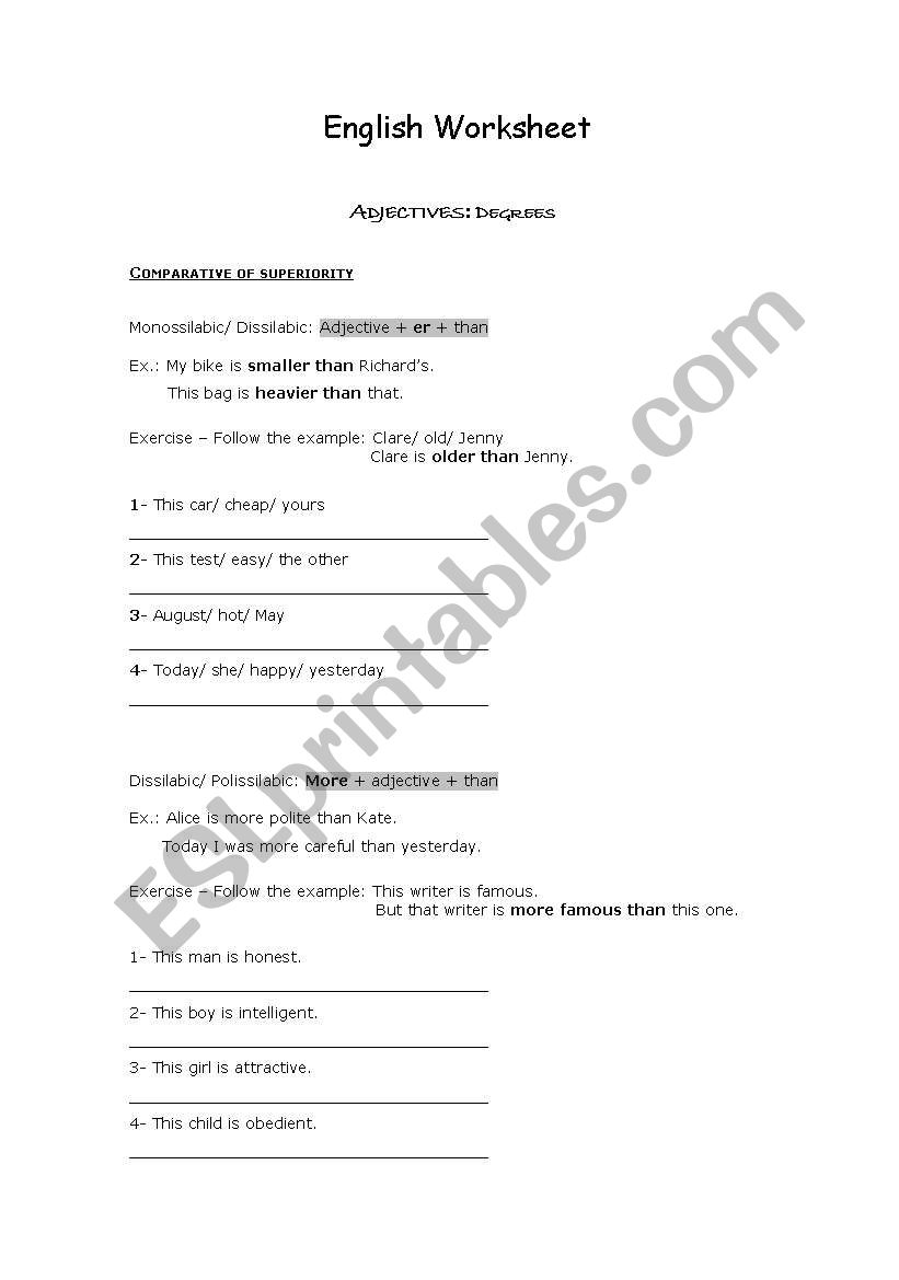 Adjectives: degrees worksheet
