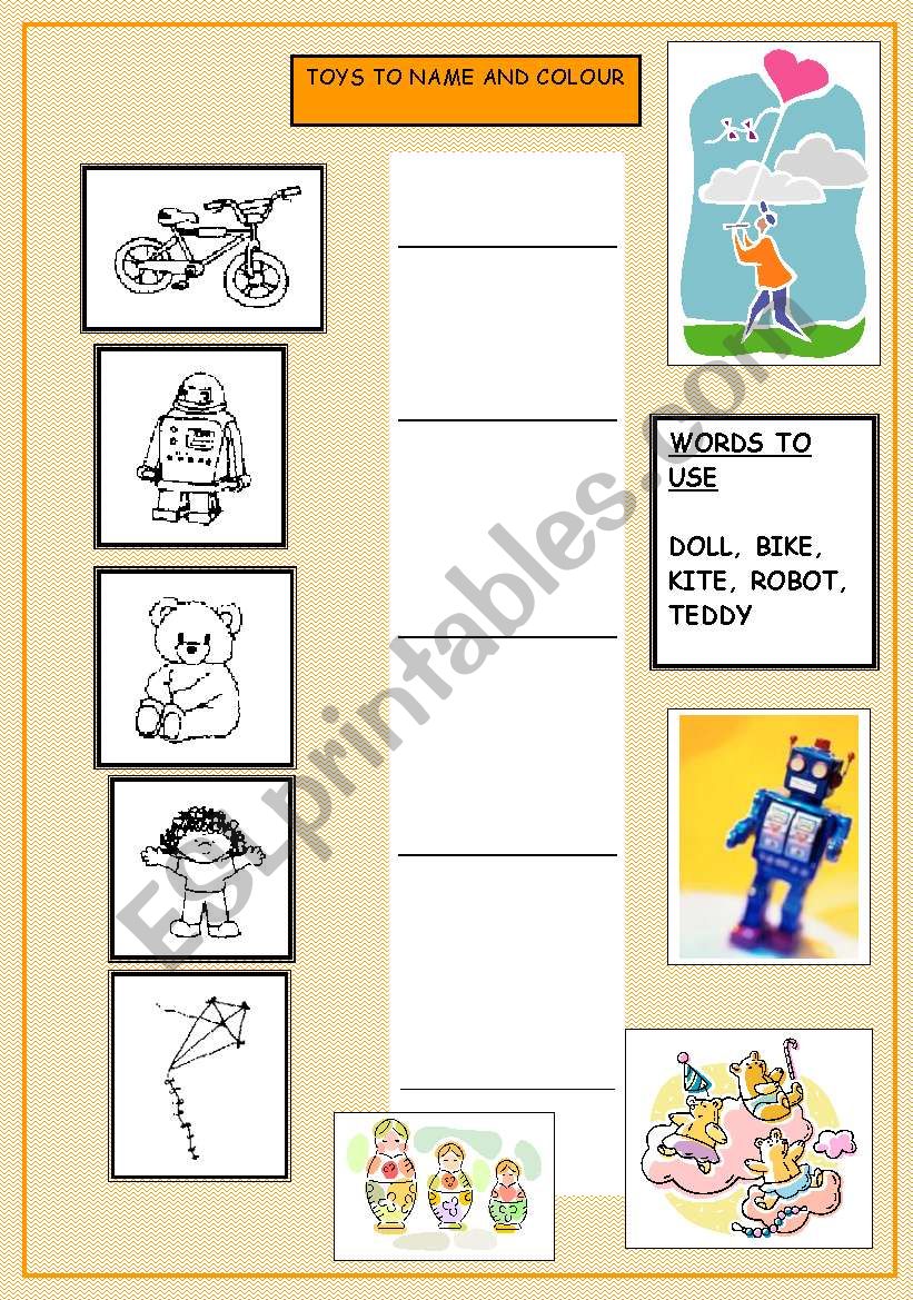 Toys to name and colour worksheet
