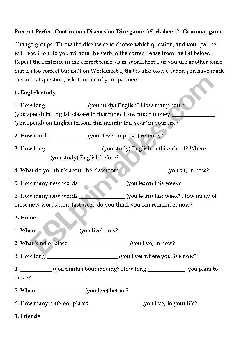 present perfect continuous worksheet