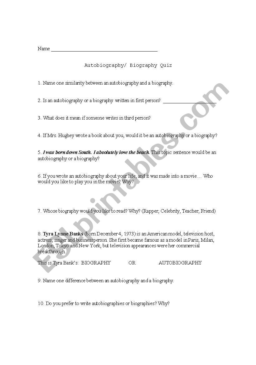 Autobiography Quiz worksheet