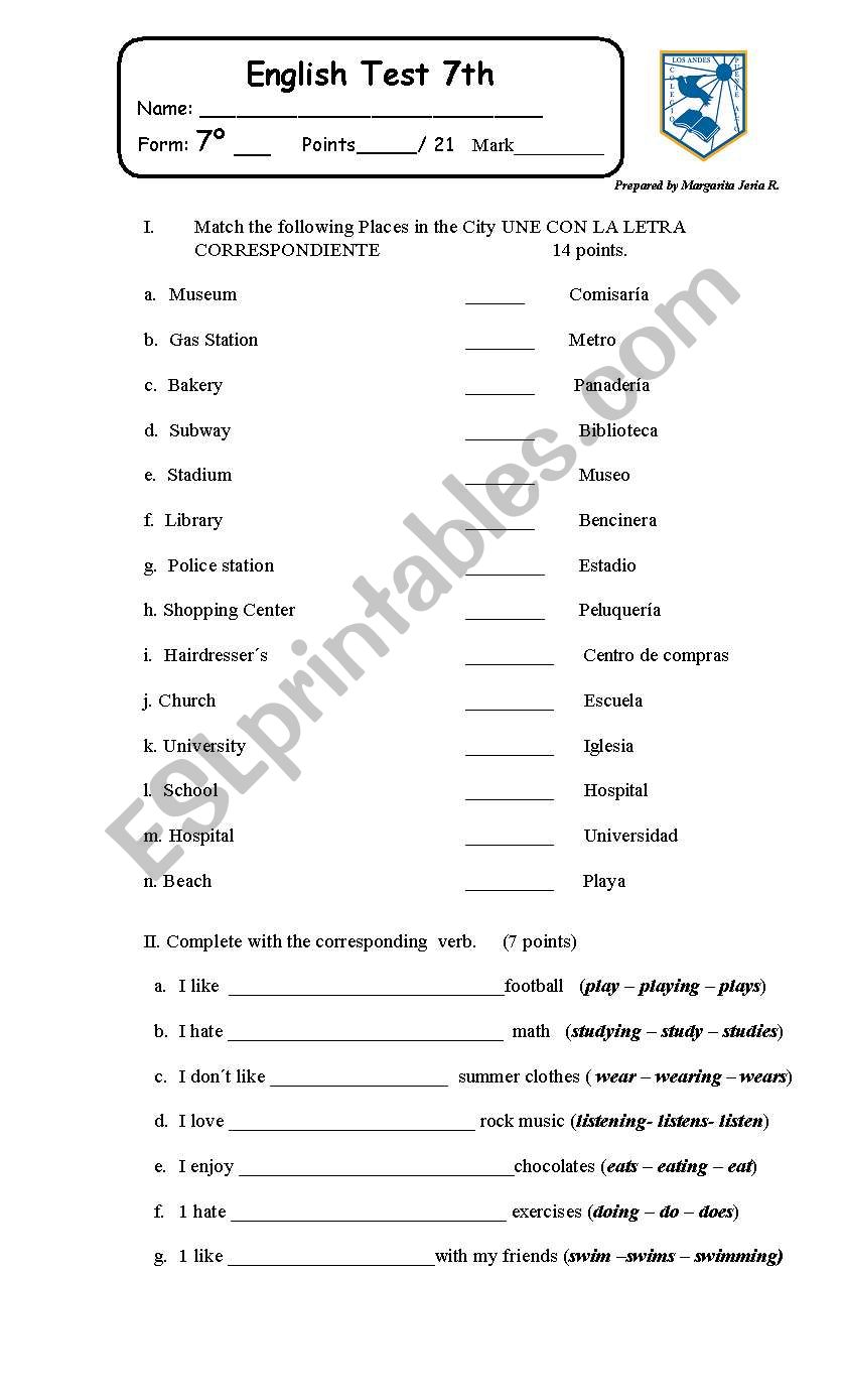 Places in the City worksheet