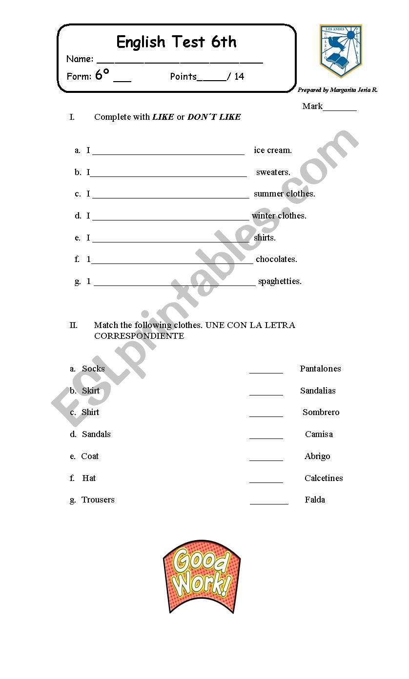 Like and dislike worksheet