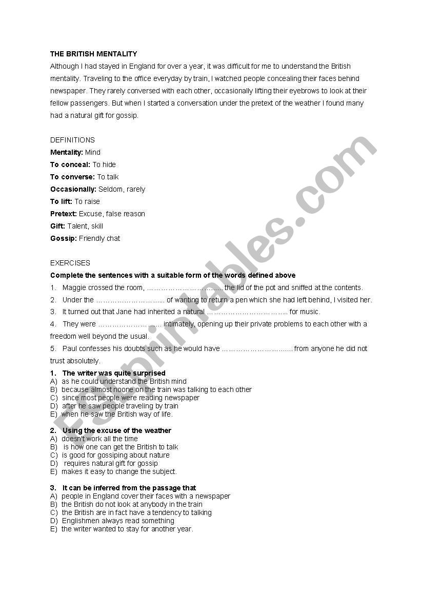 THE BRITISH MENTALITY worksheet