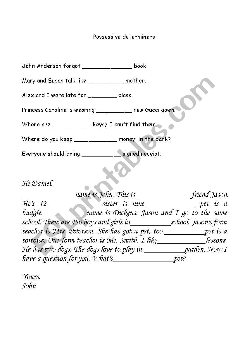 possessive determiners worksheet