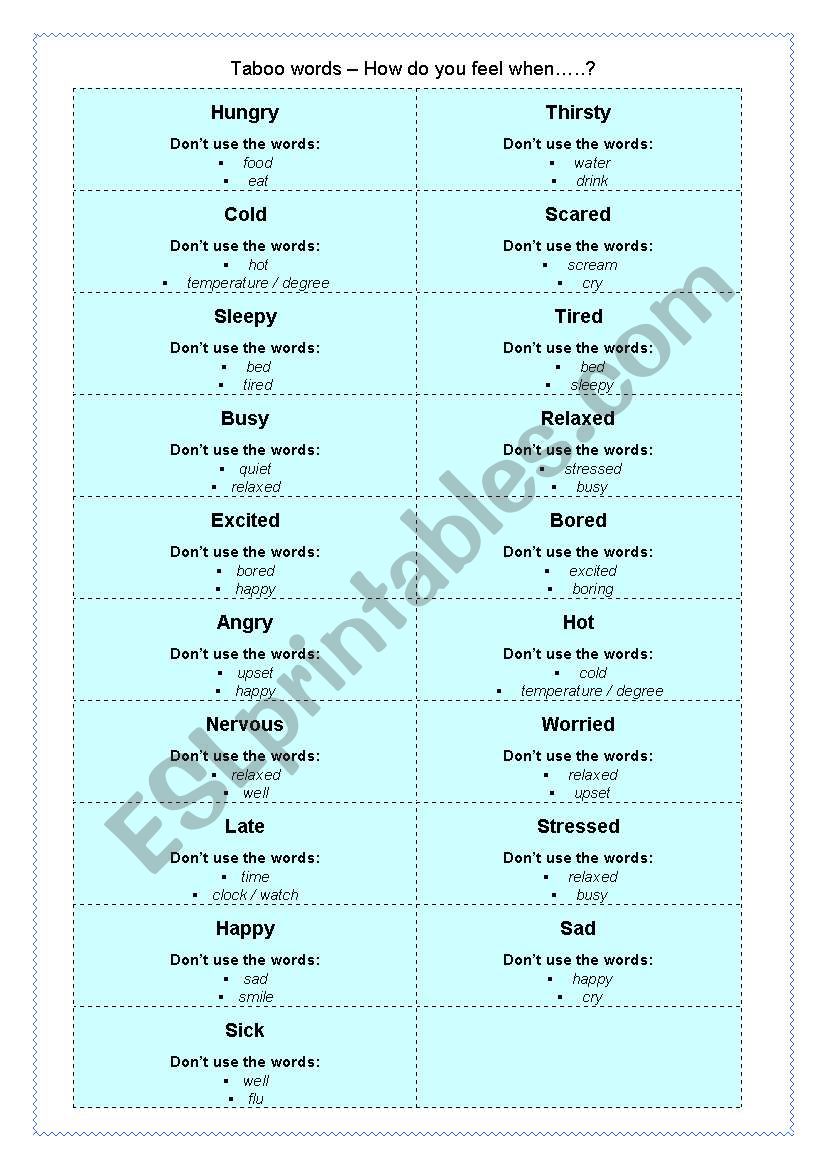 taboo words game -  feelings worksheet