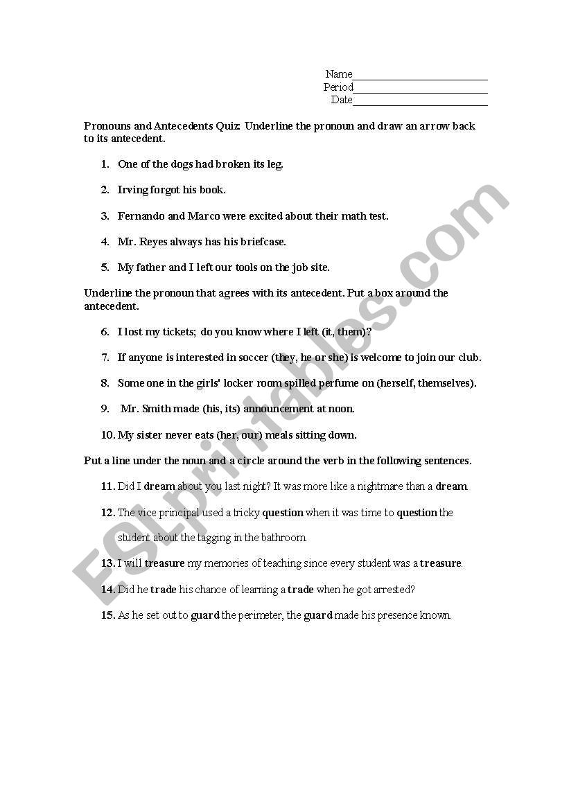 Pronouns and Antecedents Quiz worksheet