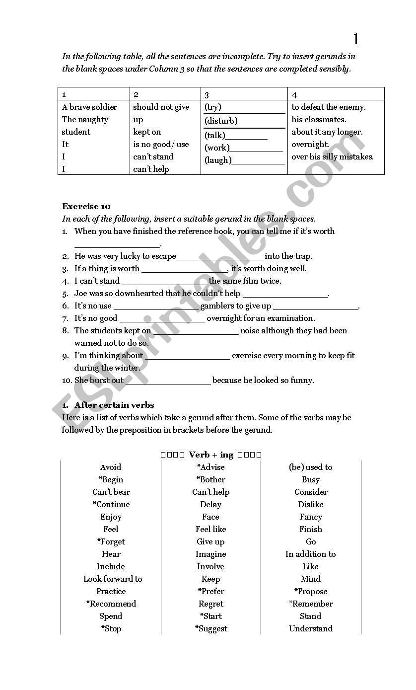 Gerunds Note 2/2  worksheet