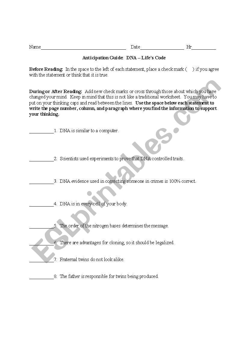 Anticipation Guide for Genetics