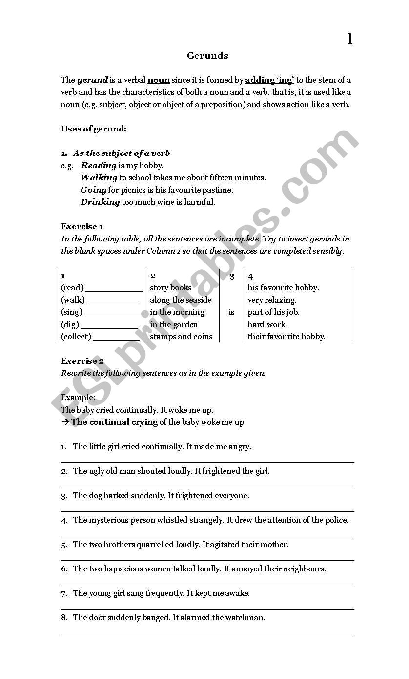 Gerunds Note 1/2  worksheet