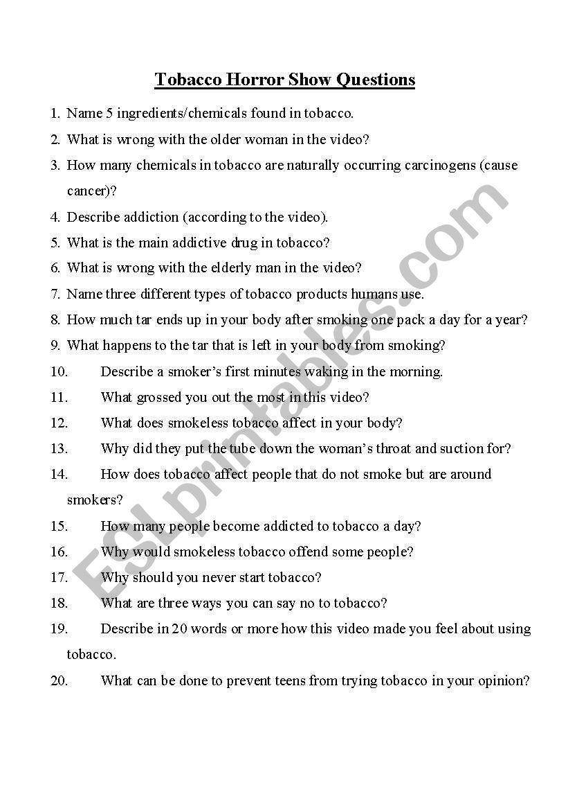 Tobacco Horror Show Questions worksheet
