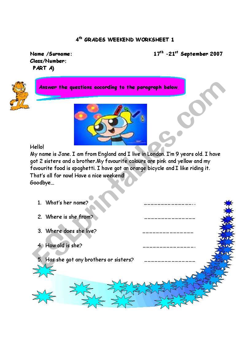 2nd -3rd and 4th grades worksheet