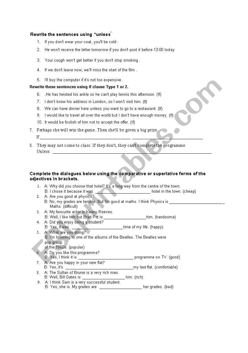 Rewrites for if type1 and 2 and unless and comprative and superlative adjectives worksheet