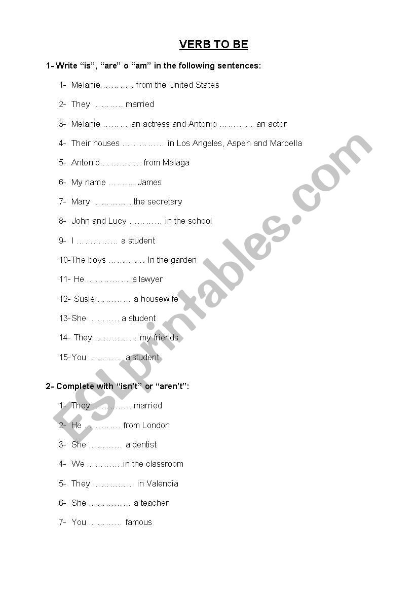 verb to be worksheet